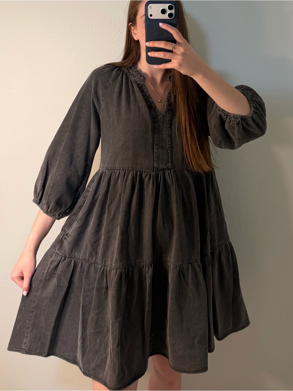 Women's Black Tiered Peasant Dress